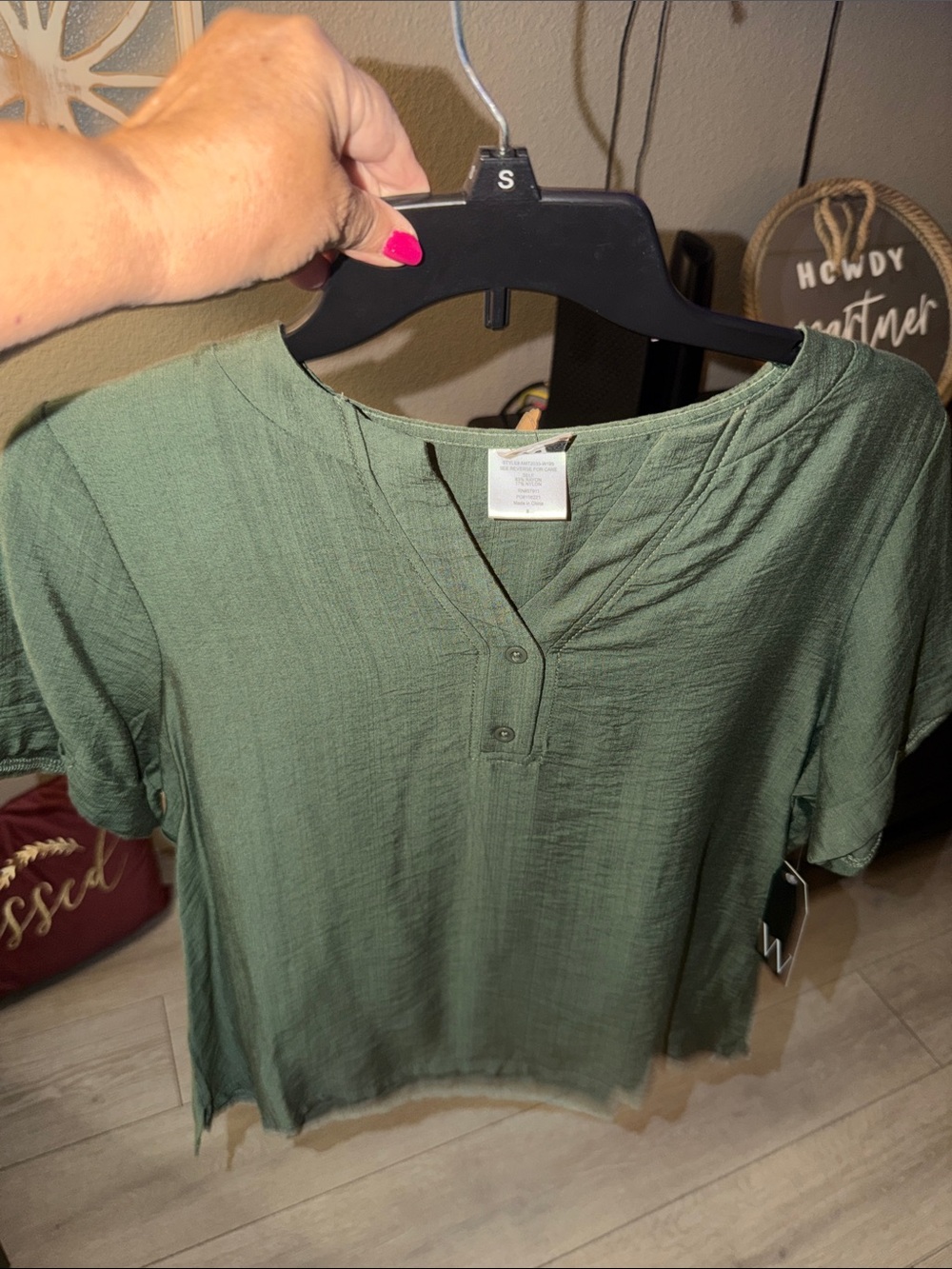 Lightweight Olive Green Henley Top - Women